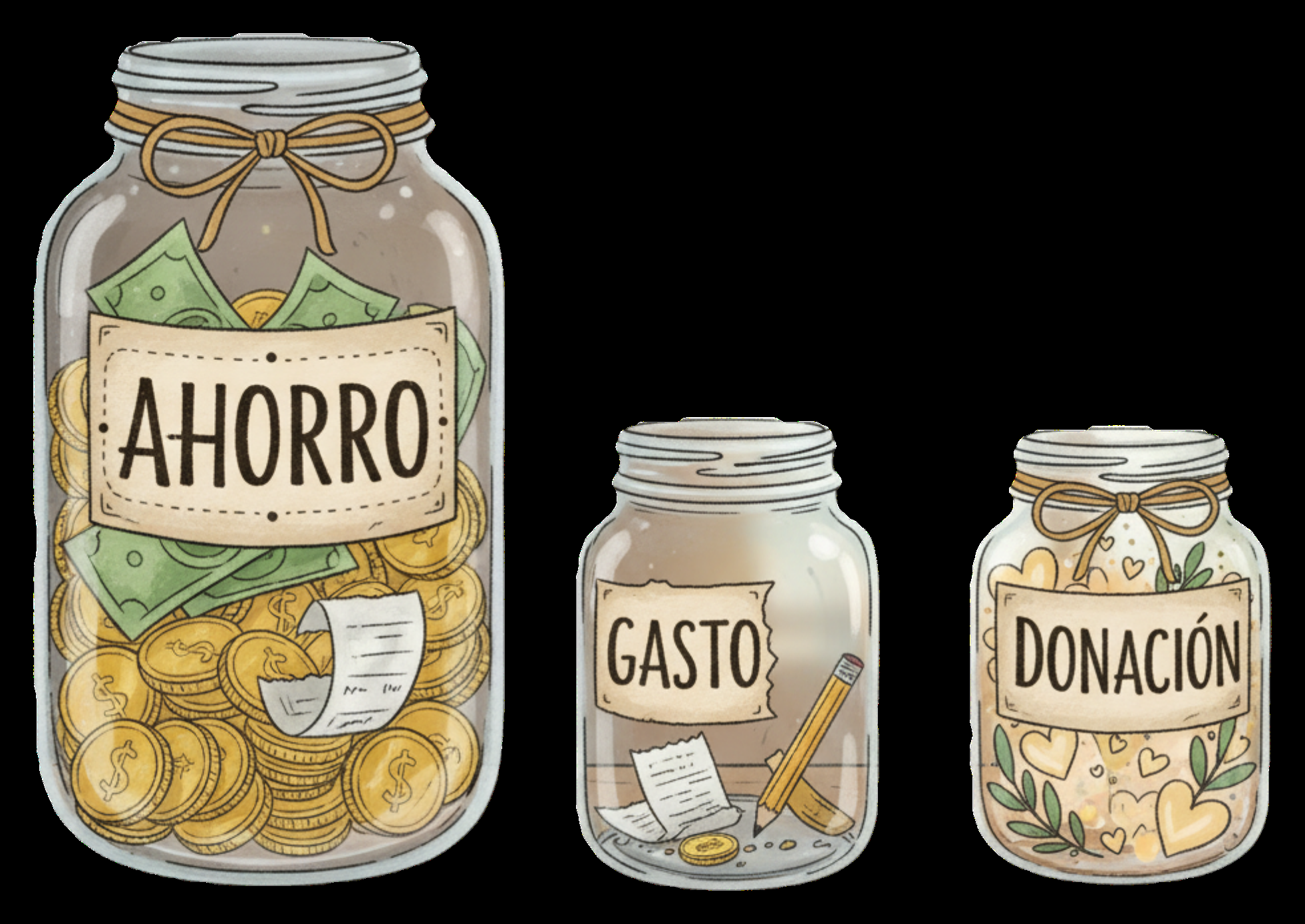 Tres frascos etiquetados Ahorro, Gasto y Donación — método de los frascos para educación financiera infantil